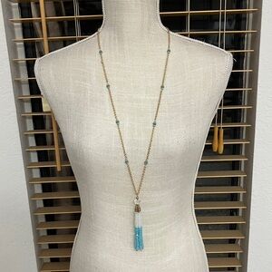 Beaded long Tassel Necklace turquoise , gold, and iridescent beads , like new